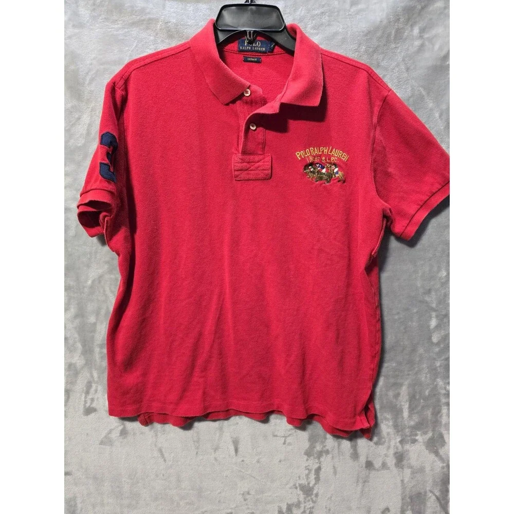 Polo Ralph Lauren Golf Shirt Triple-Pony 3 Red Custom Fit XL Y2K No. 67 RLPC